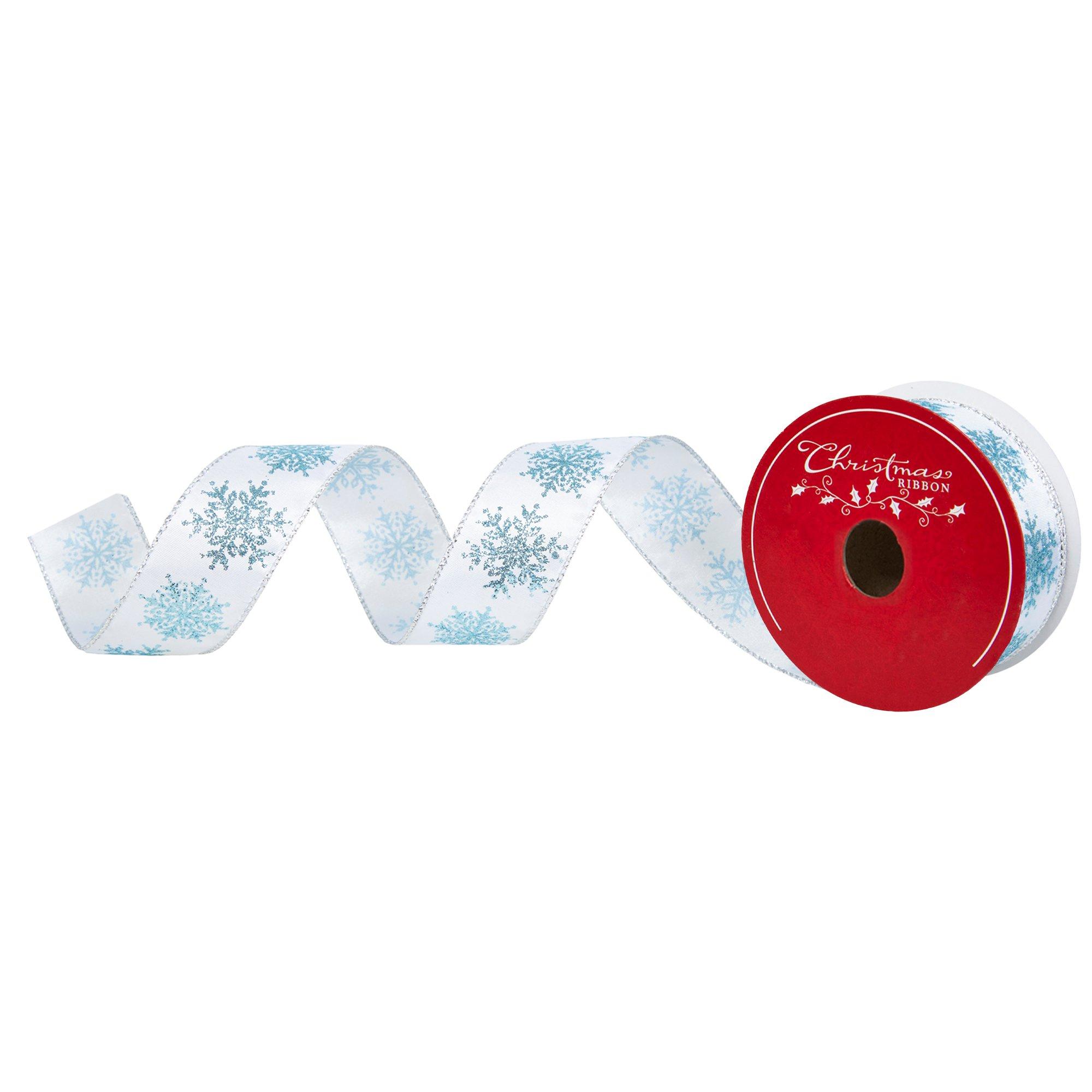 Blue Snowflakes Satin Wired Edge Ribbon