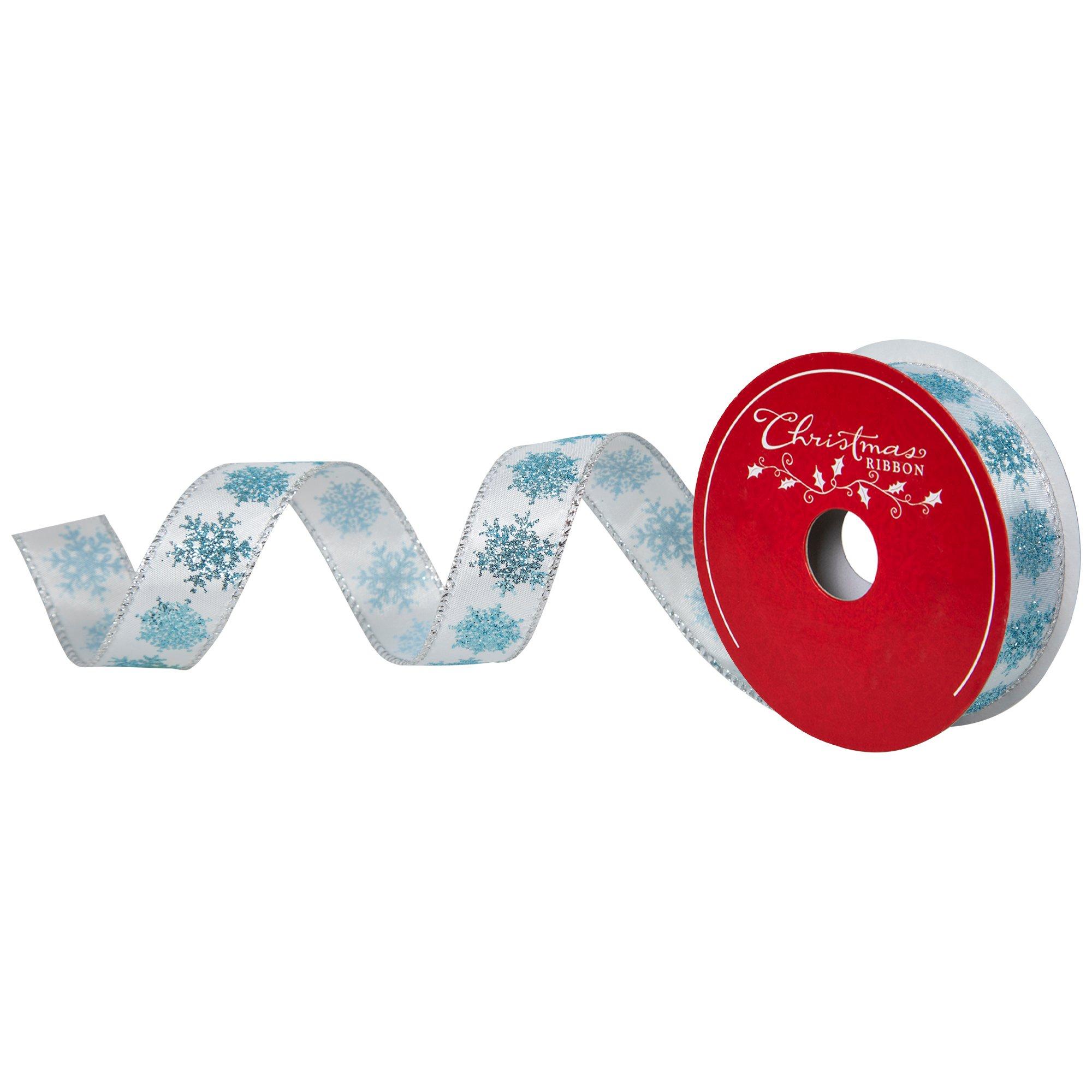 Blue Snowflakes Satin Wired Edge Ribbon