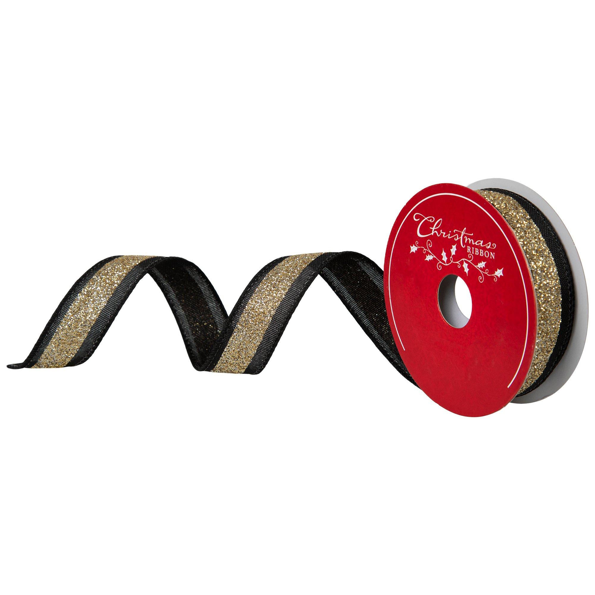 Black & Gold Glitter Wired Edge Ribbon - 1"