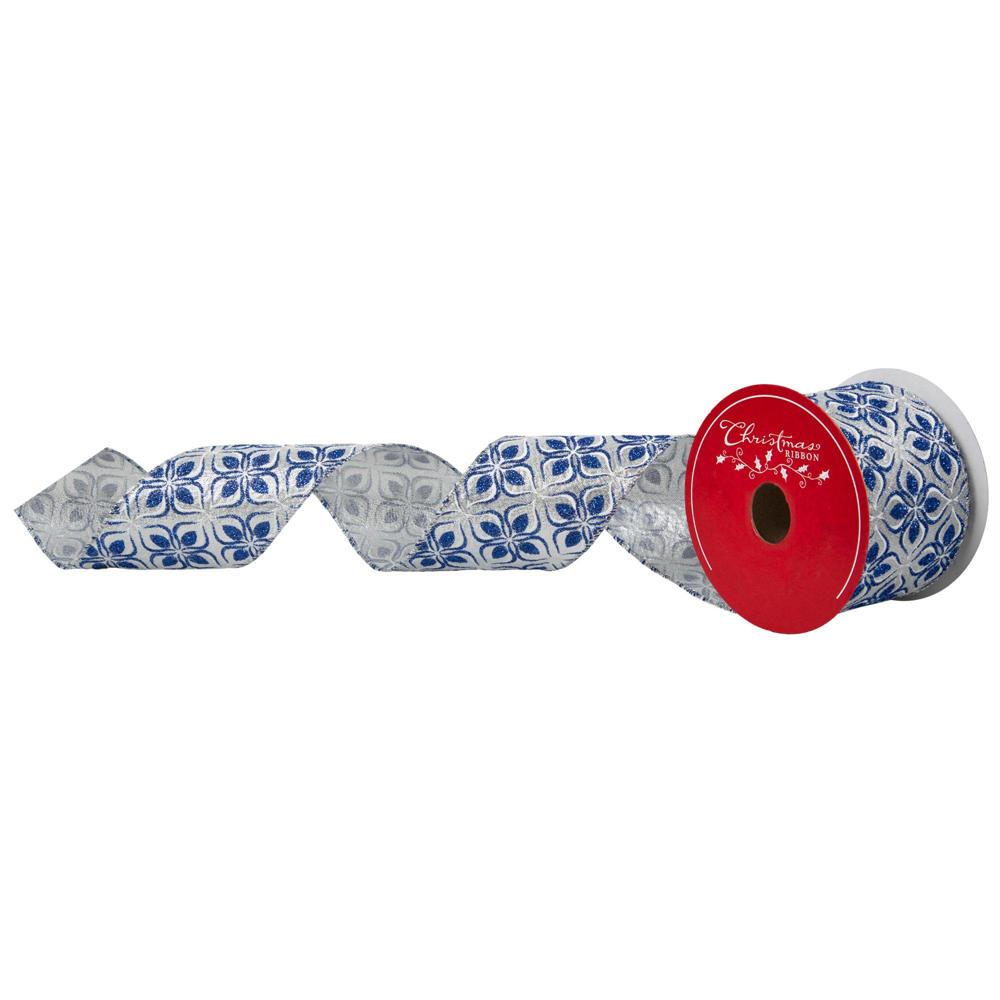 Blue & Silver Floral Glitter Wired Edge Ribbon