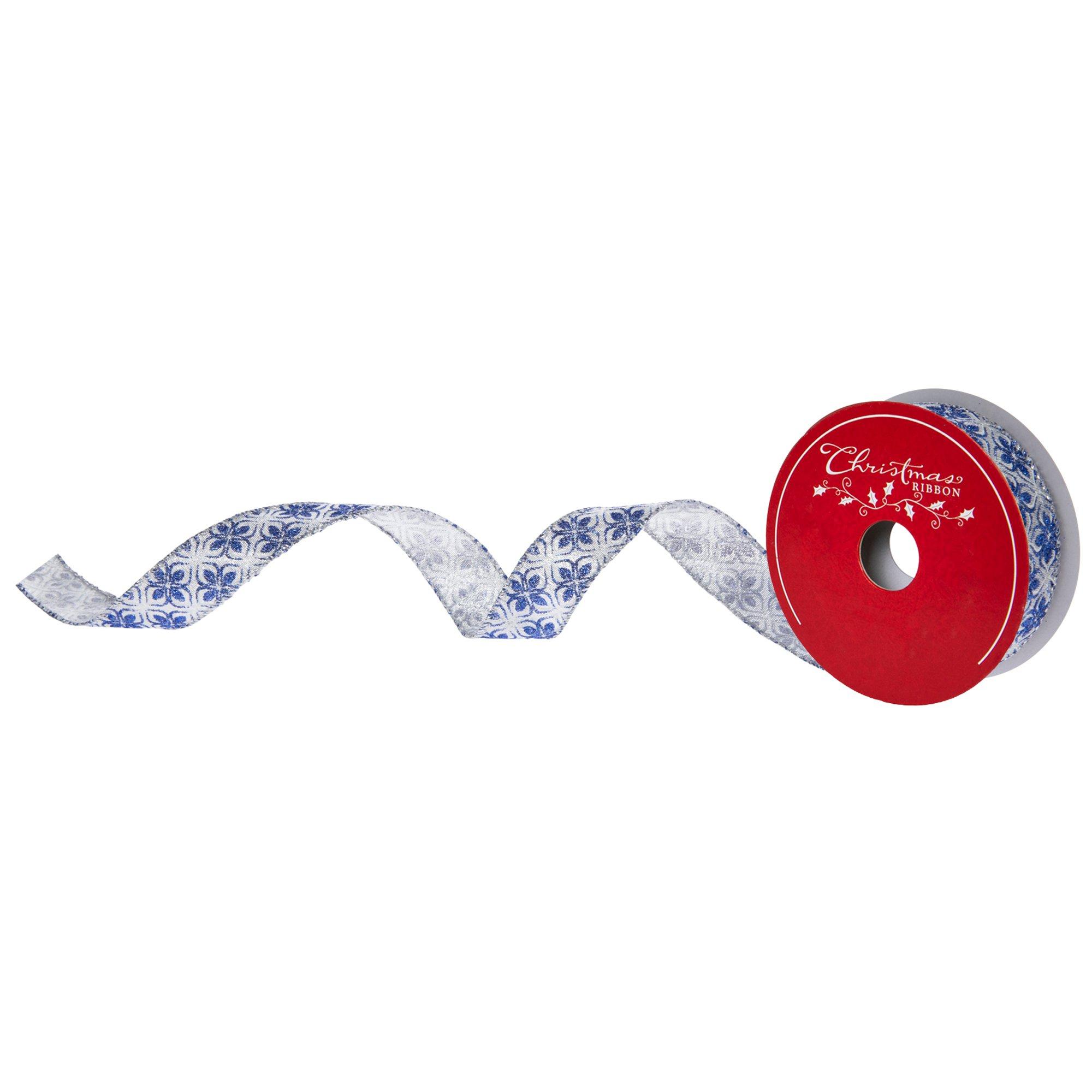 Blue & Silver Floral Glitter Wired Edge Ribbon