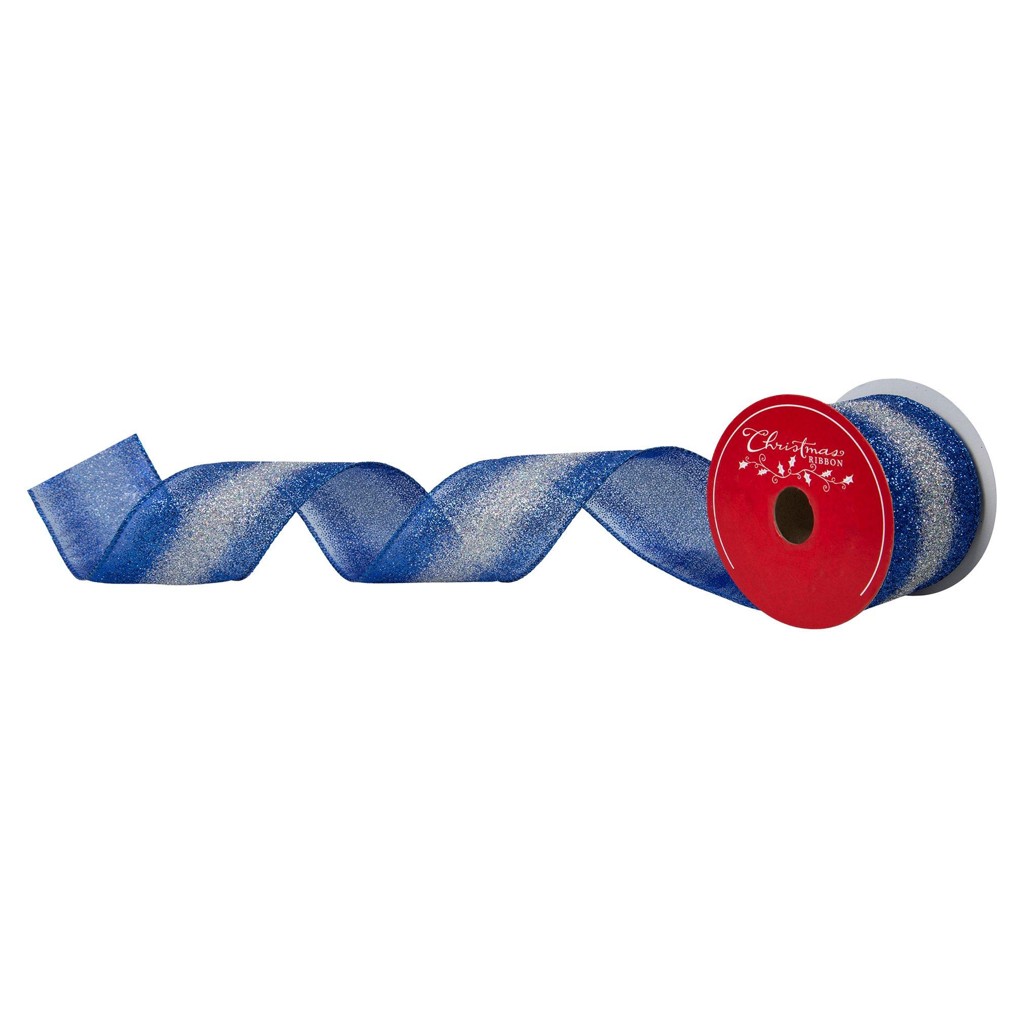 Blue & Silver Striped Glitter Wired Edge Ribbon