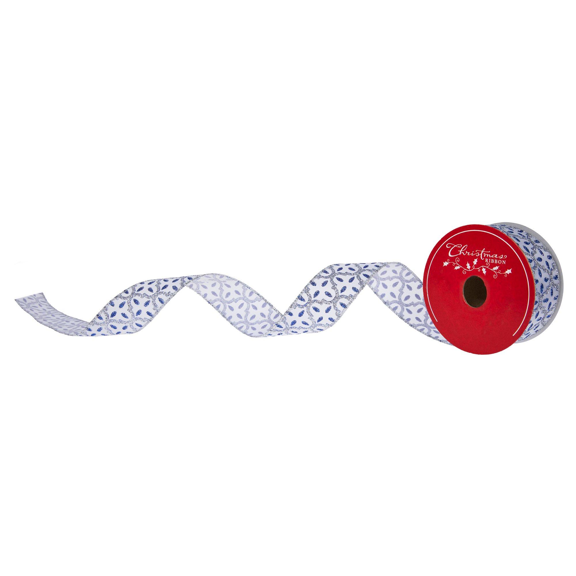 Blue & Silver Geometric Wired Edge Ribbon - 1 1/2"