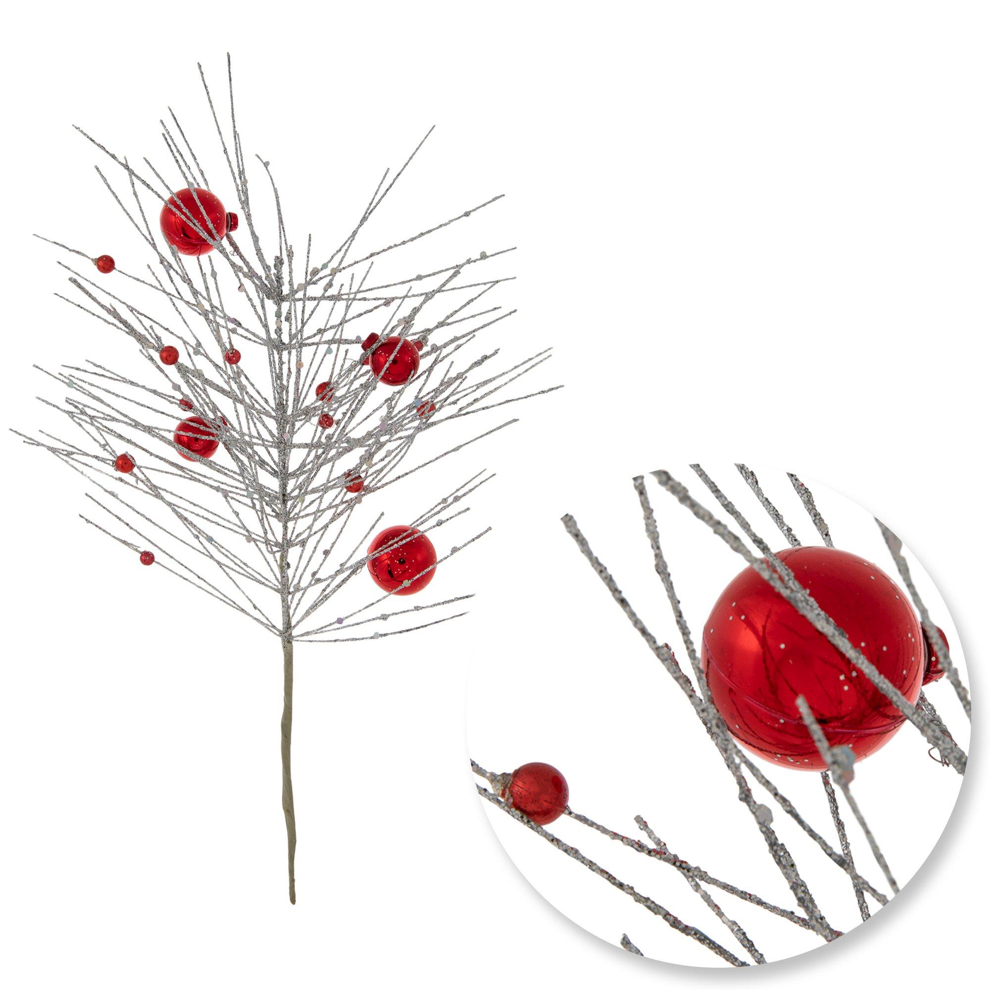 Ball Ornament Glitter Pine Pick White & Red