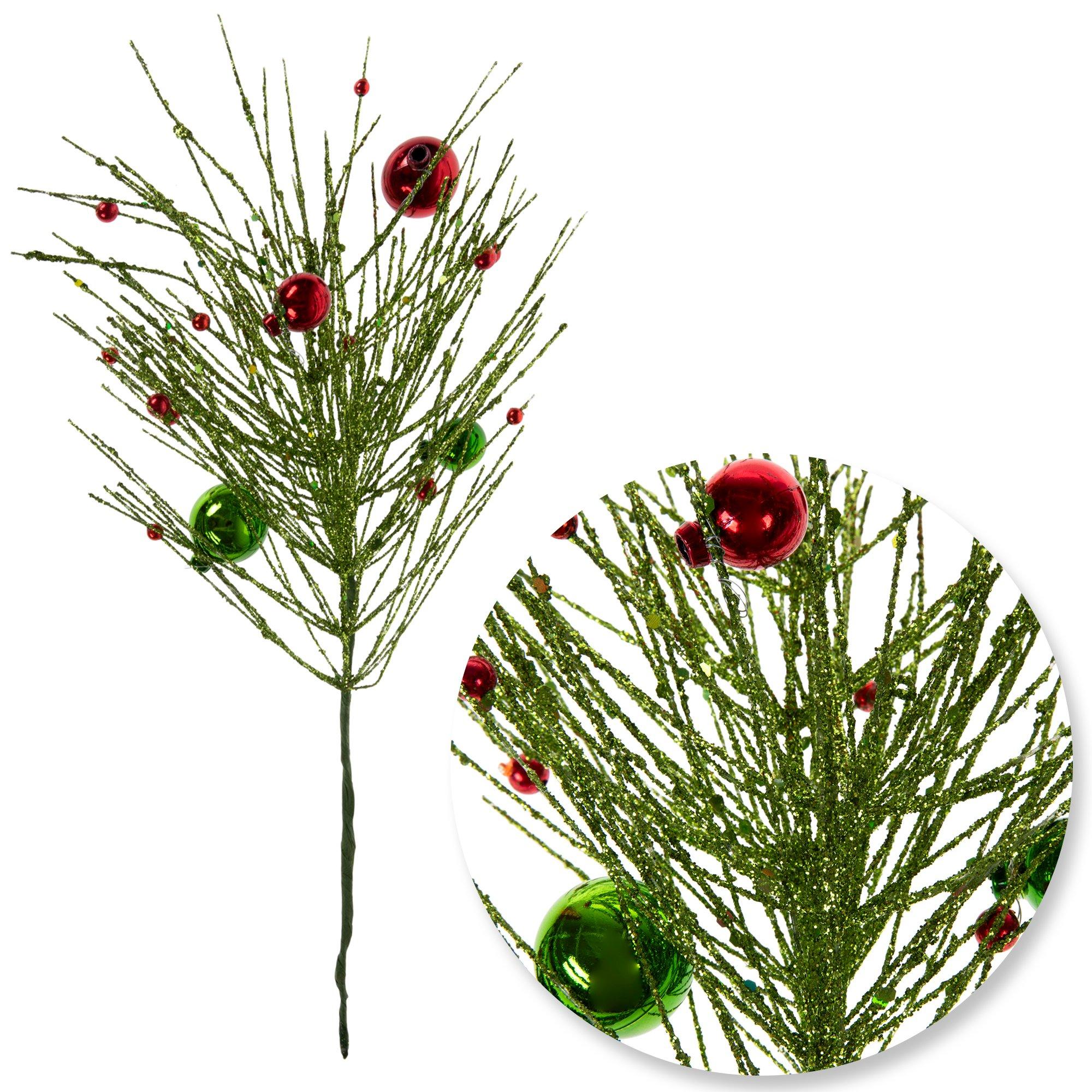 Ball Ornament Glitter Pine Pick Red & Gold