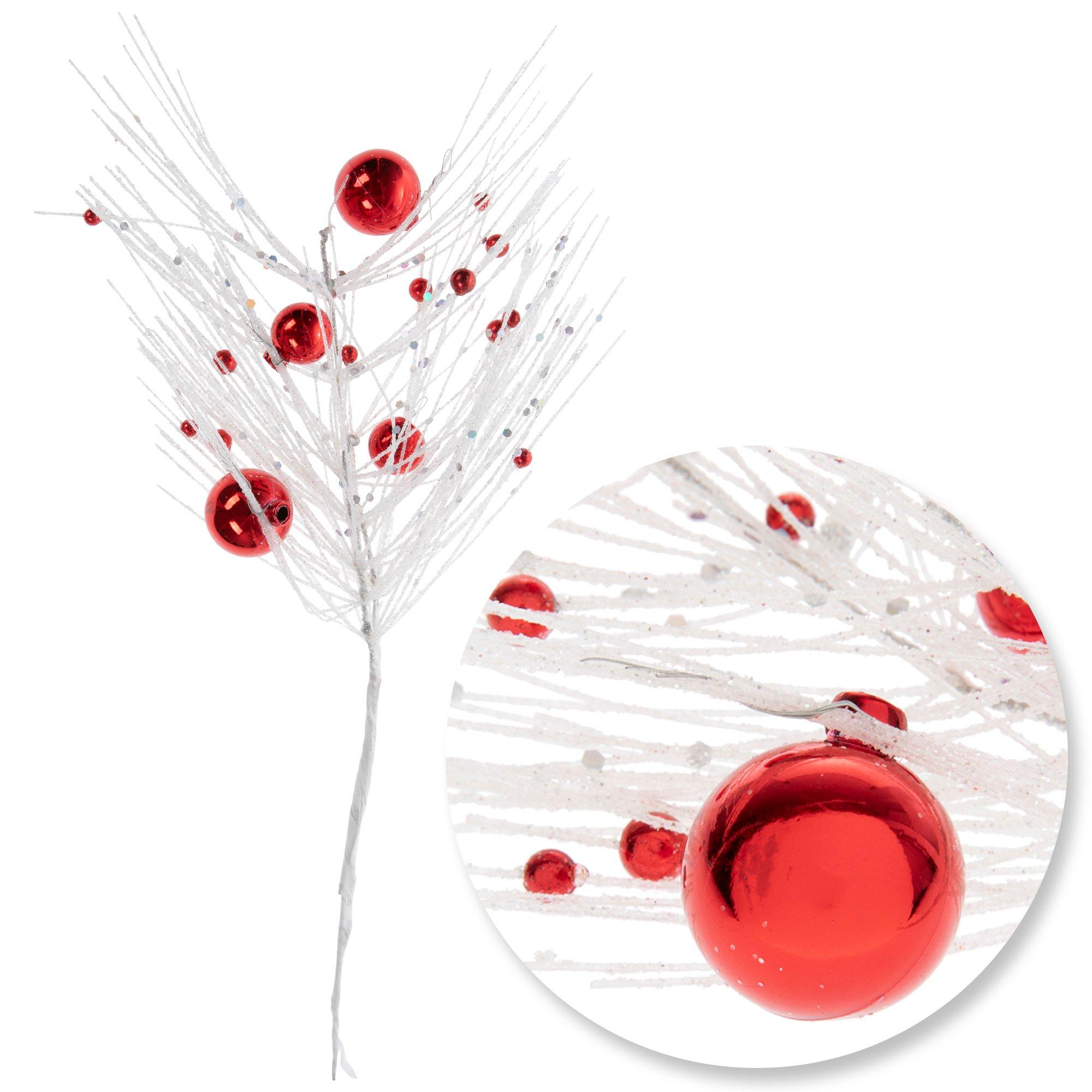 Ball Ornament Glitter Pine Pick Red & Gold