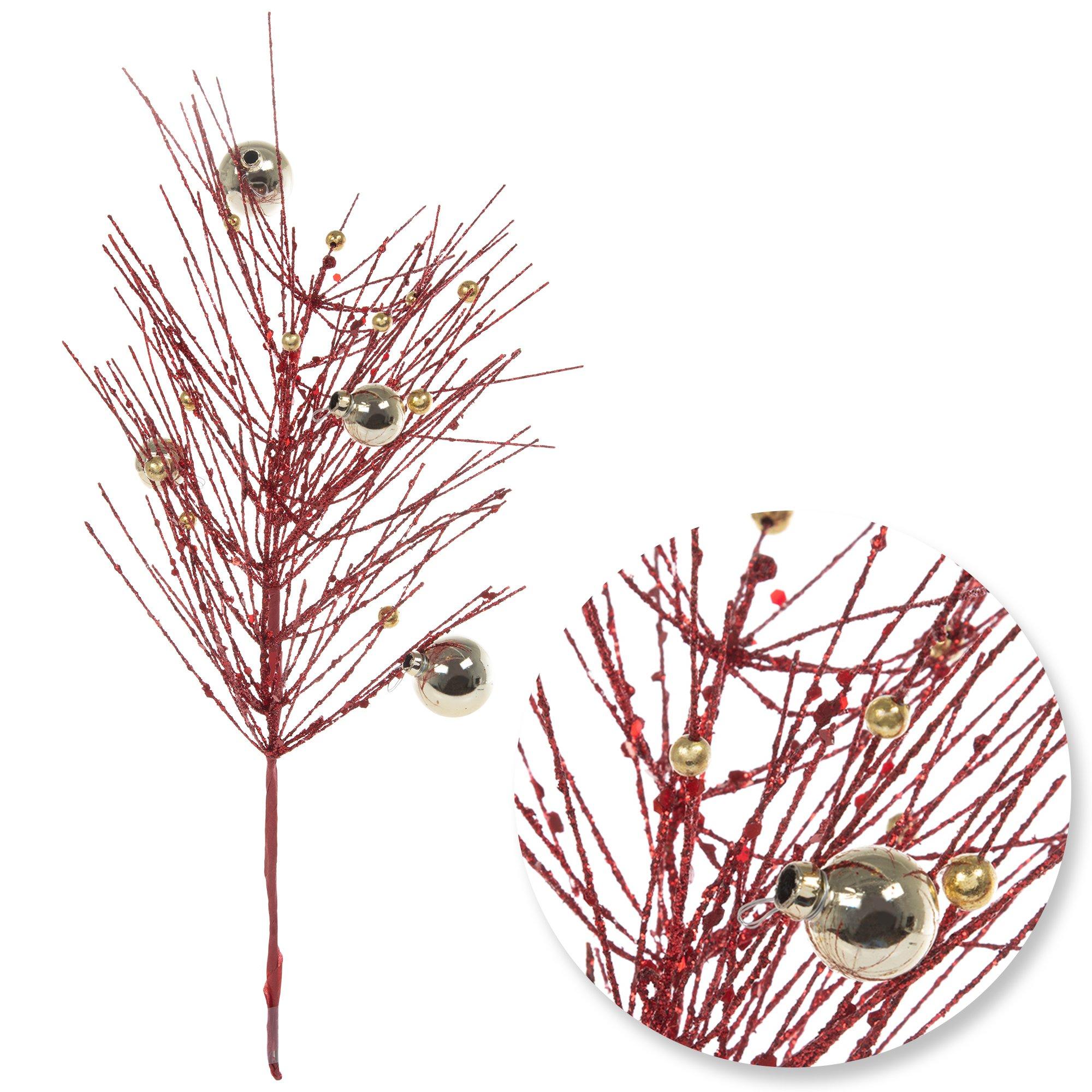 Ball Ornament Glitter Pine Pick Red & Gold