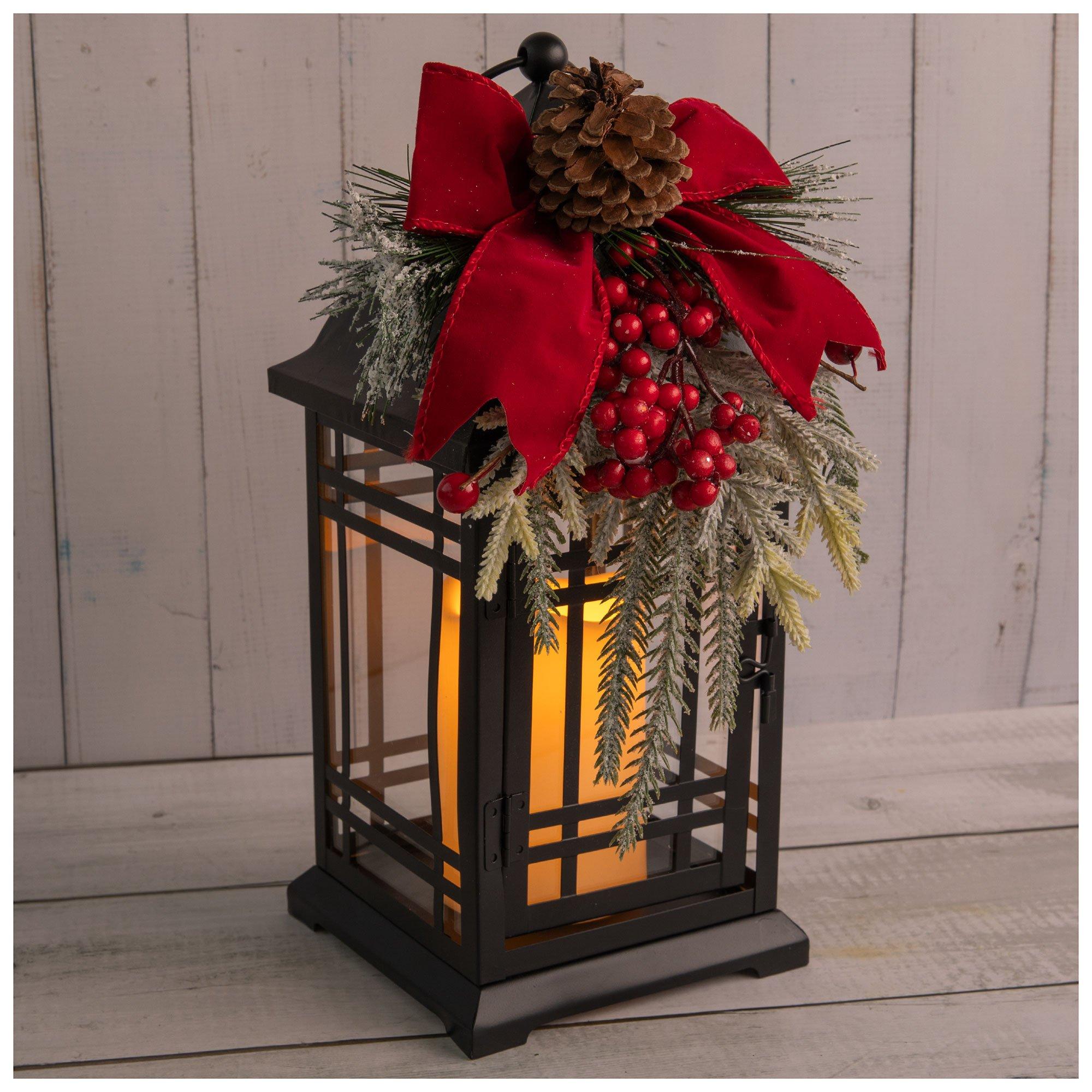 Black Pinecone & Berry Metal LED Lantern