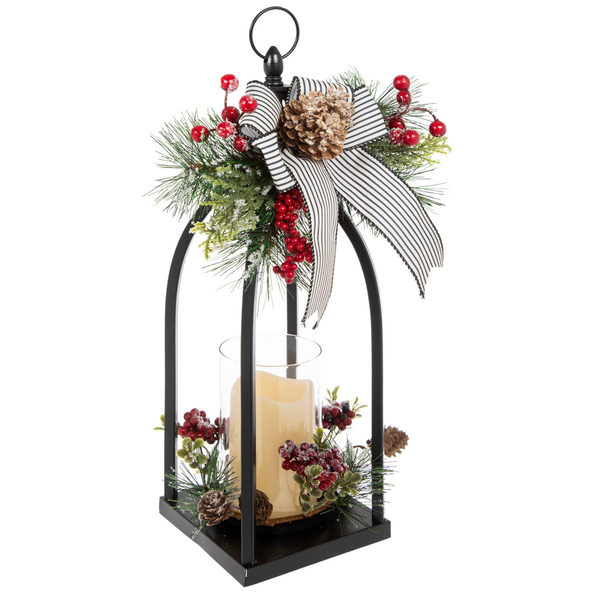 Flocked Pinecone & Berry Metal LED Lantern
