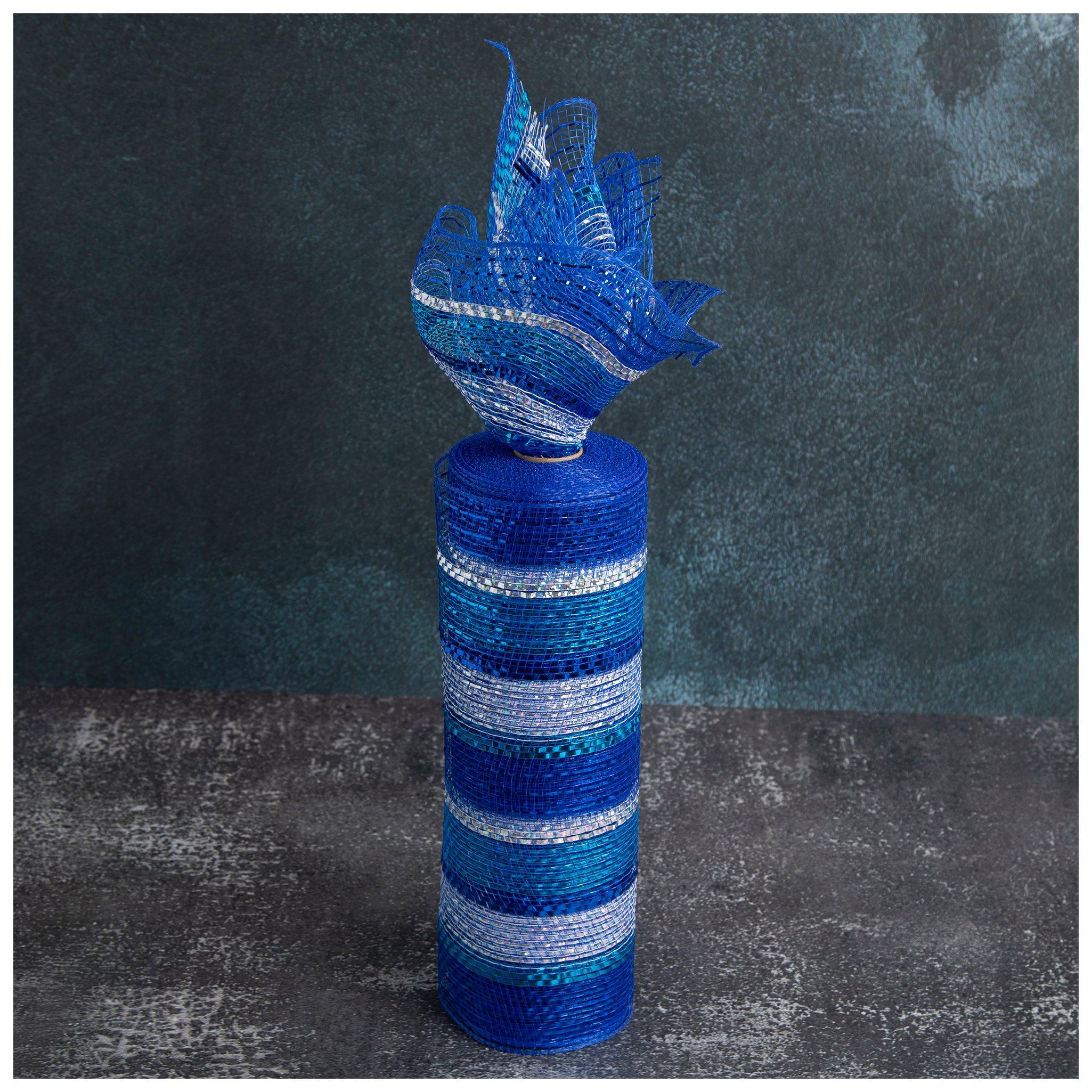 Blue & Silver Striped Metallic Deco Mesh Ribbon - 10"