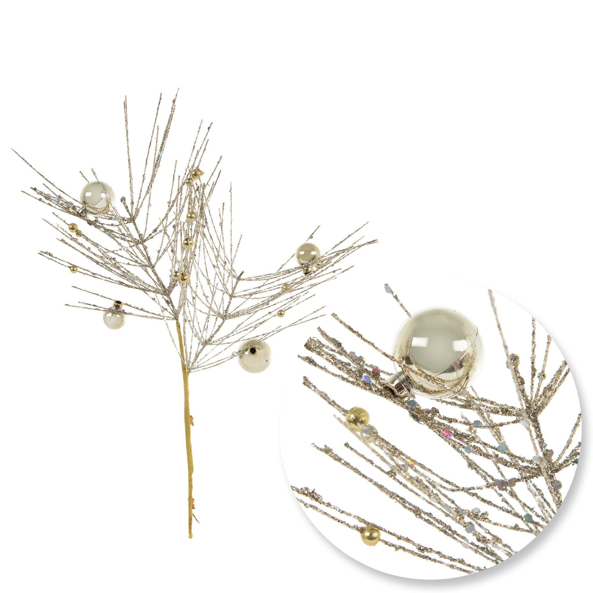 Ball Ornament Glitter Pine Pick Green & Red
